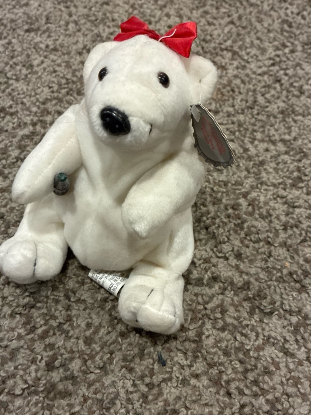 Coca Cola White Polar Bear Plush with Red Bow Tag